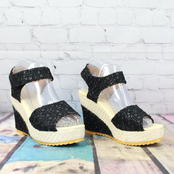 Women's Black Cream Ankle Strap Espadrille Platform Sandals Size 37 US 7 - Picture 3 of 8